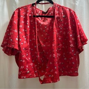 Red Floral Print Self-Tie Wrap Crop Top